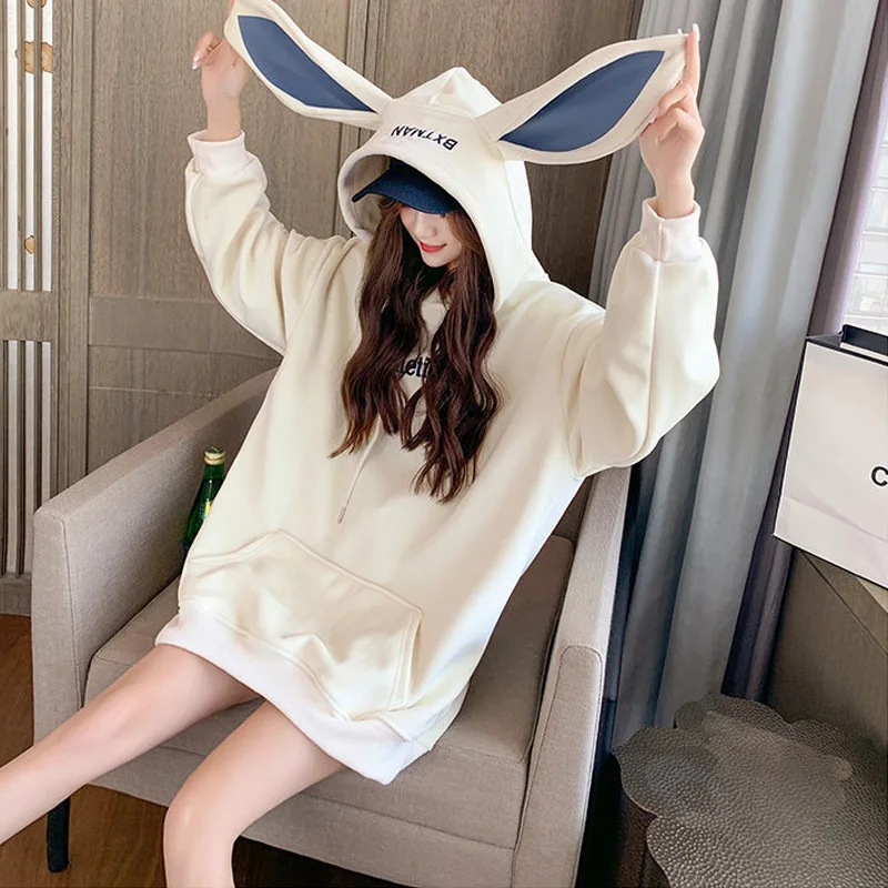 

Spring Autumn Winter Women's Hooded Sweatshirt Kpop Clothes Thick Velvet Rabbit Ears Mesh Jacket Red Red
