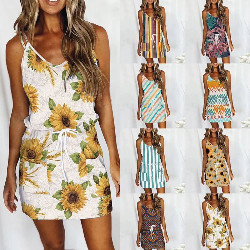 

Tropical Print Sling Dress 2022 Summer Casual Loose Sleeveless A-Line Dress V Neck Sexy Women Slip Dresses