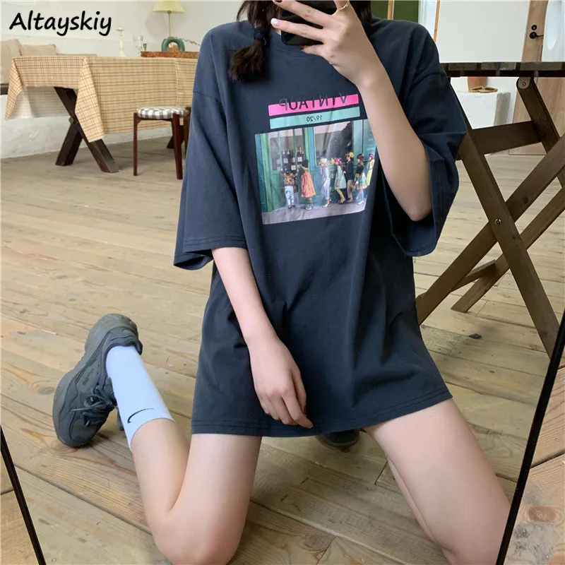 

Футболка женская с коротким рукавом, винтажный Свободный Топ с принтом, в стиле Харадзюку, модная Простая рубашка для отдыха, на лето