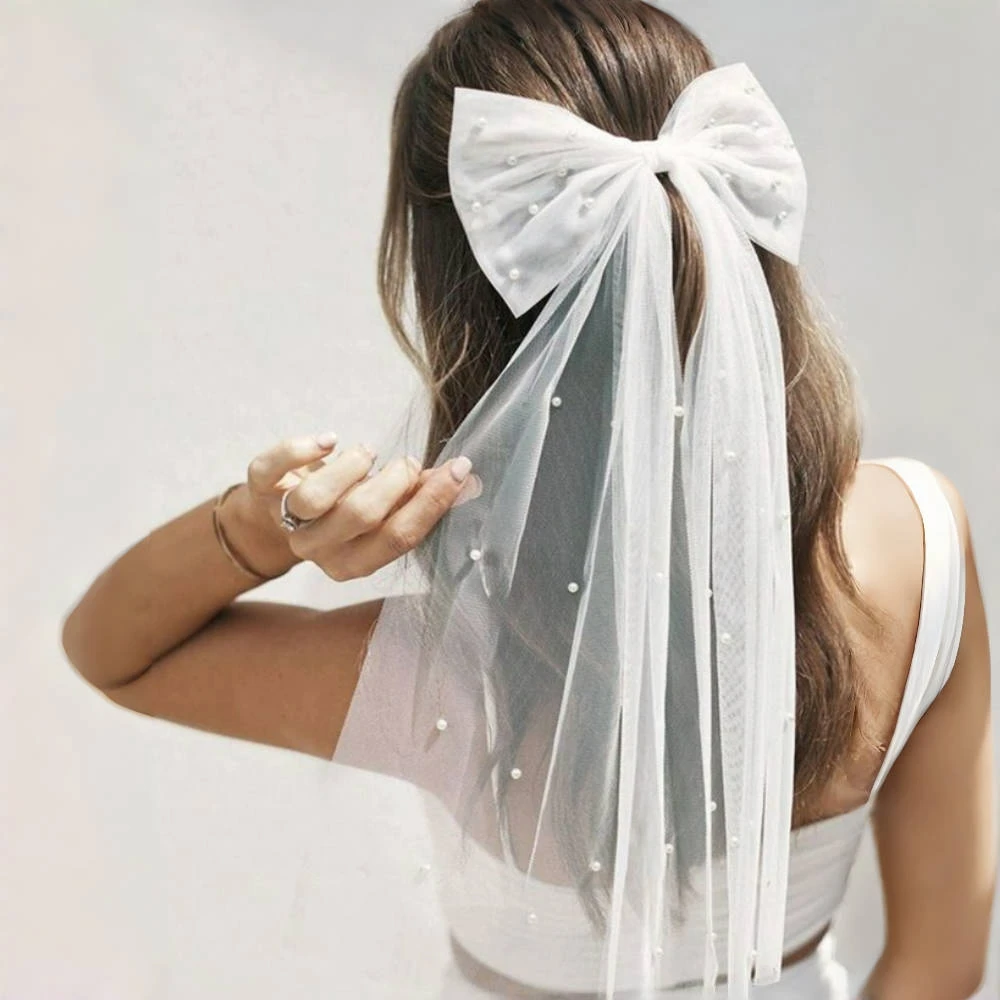 Мини свадебная фата V04A с жемчугом аксессуар для подружки девичника расческой и