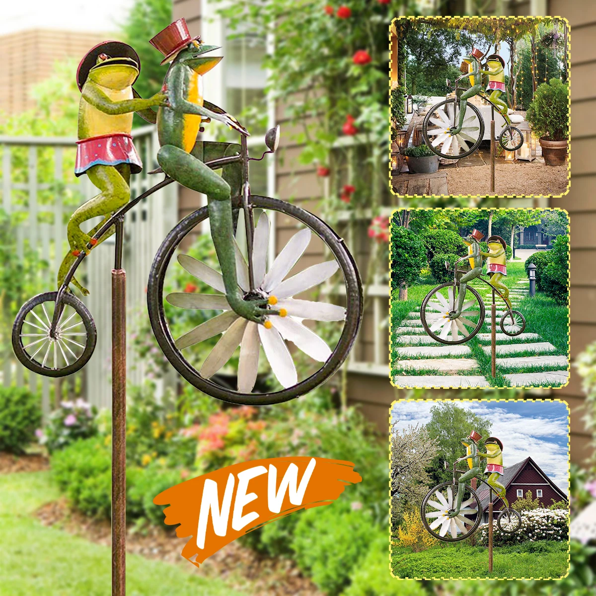 

Vintage Bicycle Wind Spinner with Metal Stake Frog Riding Motorcycle Windmill Decoration for Yard Decor Garden Decoration