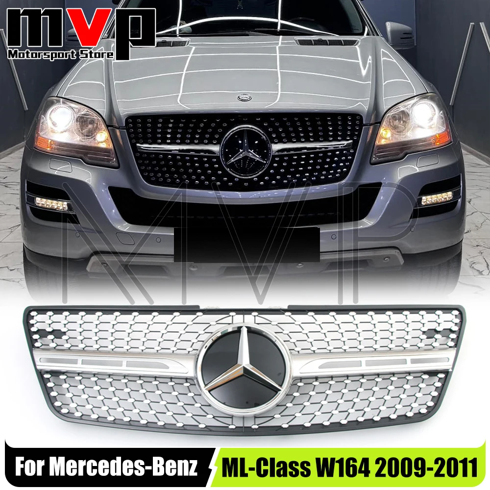Фото Гоночная решетка в стиле Chrome Diamonds с новейшим 3D-эмблемой логотипа для Mercedes Benz ML-Class W164 2009-2011 ML320 ML350 ML450 ML500 №1