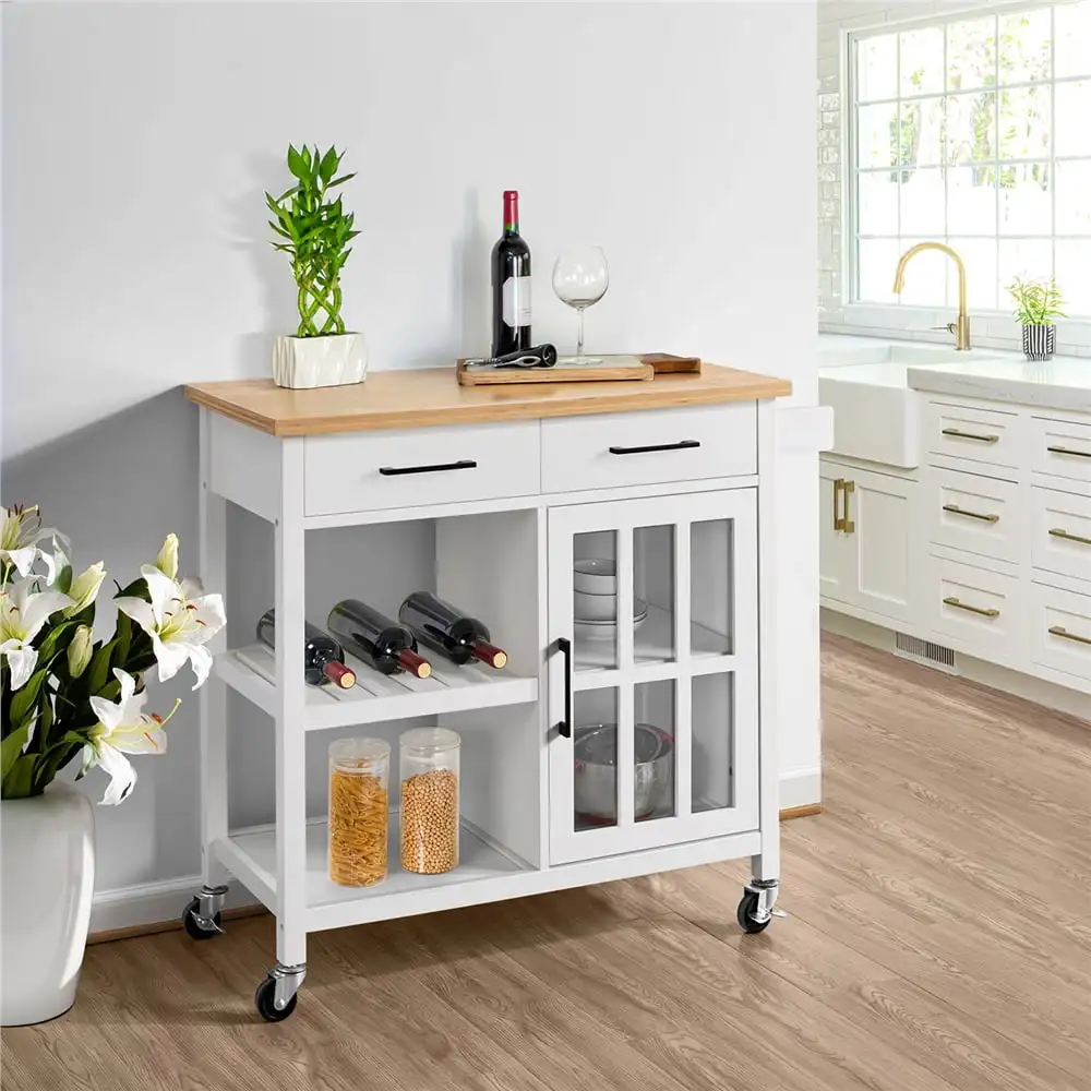 

Rolling Kitchen Island Cart with Bamboo Top Storage Drawers Side Open Shelves Cabinet