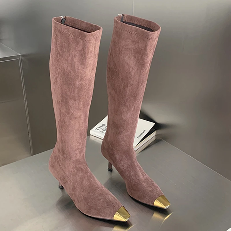 

Женские эластичные сапоги до колена, на каблуке, с острым носком