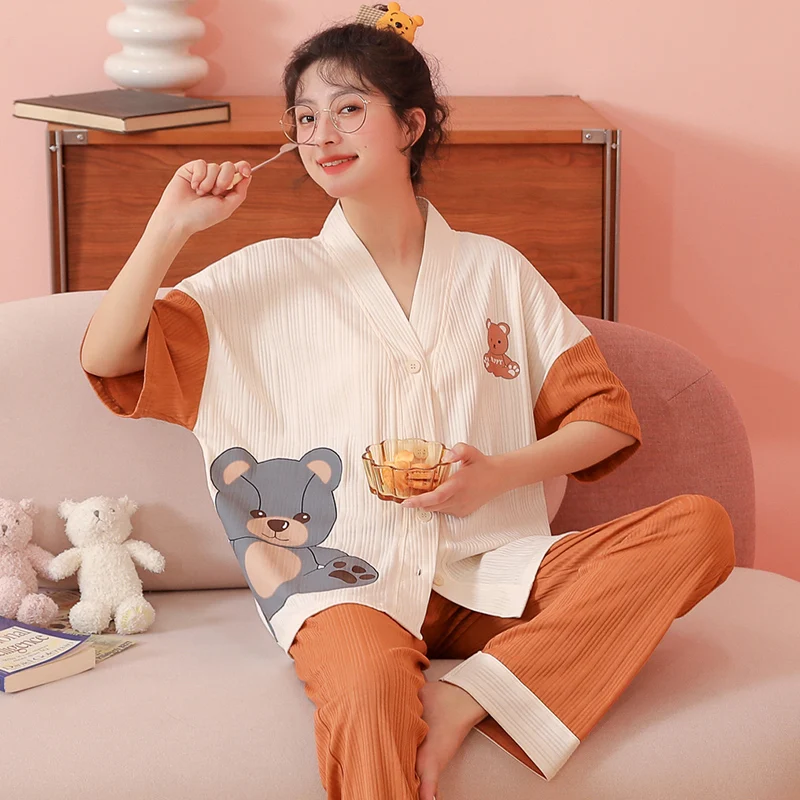 

Kimono V Neck Home Suit Women Fashion Cotton Pajamas Set Plus Size 3XL Nightwear Short Sleeves Sleep Tops Long Pant Outfits New