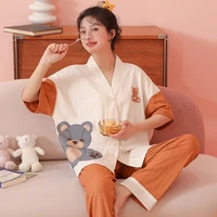 kimono v neck home suit women fashion cotton pajamas set plus size 3xl nightwear short sleeves sleep tops long pant outfits new