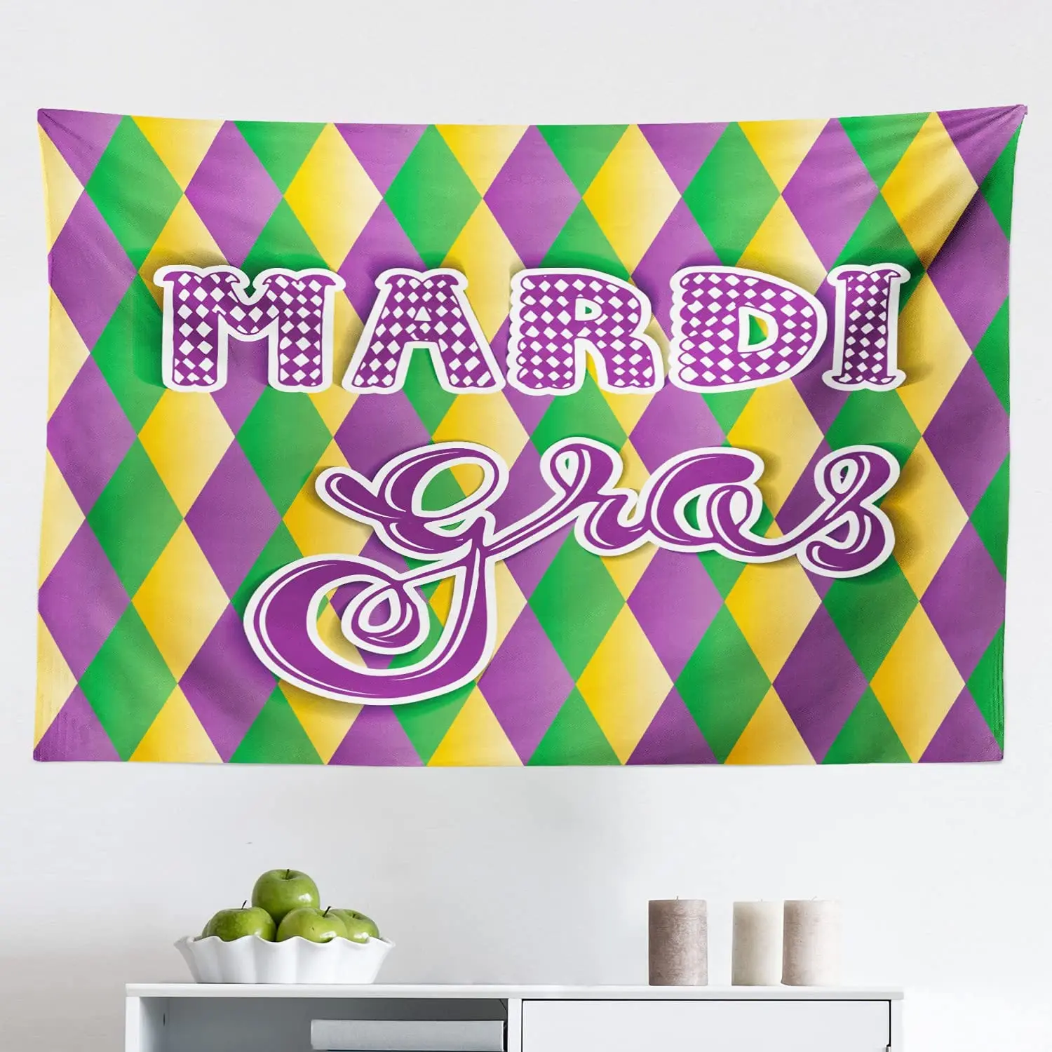 

Mardi Gras Tapestry, Mardi Gras Lettering on Classical Diamond Line Backdrop, Fabric Wall Hanging Decor for Bedroom Living Room