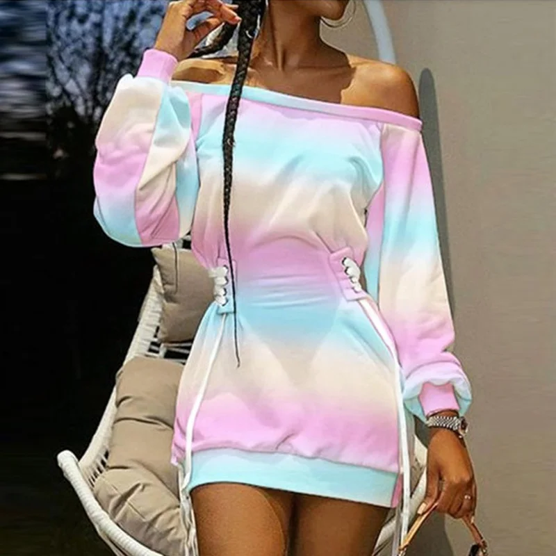 

Женское Повседневное платье-пуловер с длинным рукавом, элегантное свободное платье-свитшот с принтом, пикантное вечернее платье с воротником-лодочкой и завязкой на талии