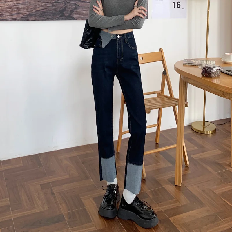 

DD1169 New design sense color matching loose high waist slim nine points straight pants jeans