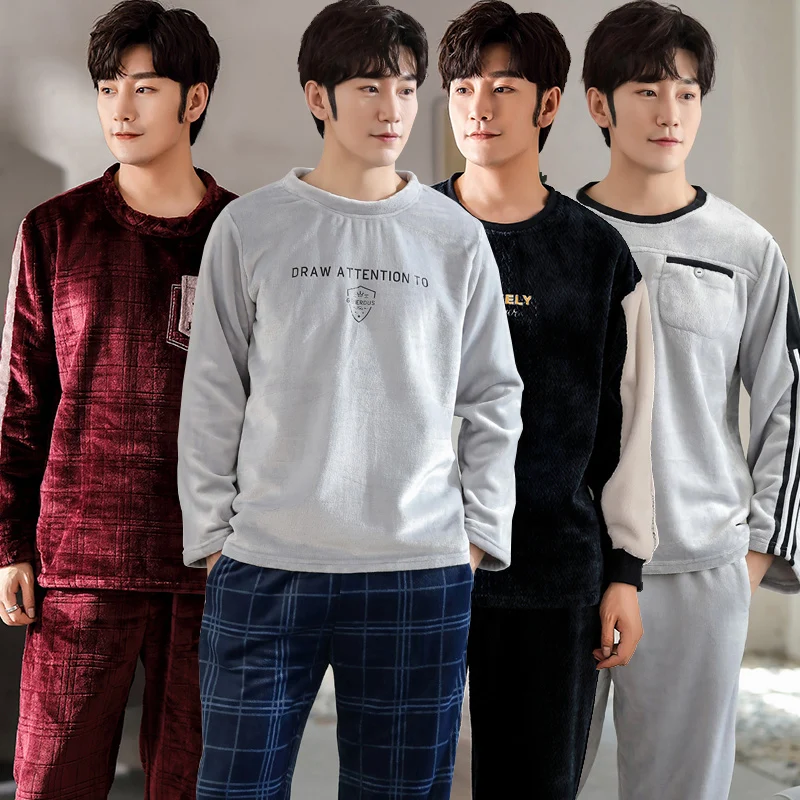 

2022 Зимние Повседневные клетчатые брюки с длинным рукавом, толстые теплые фланелевые пижамные комплекты для мужчин, Корейская бархатная оде...