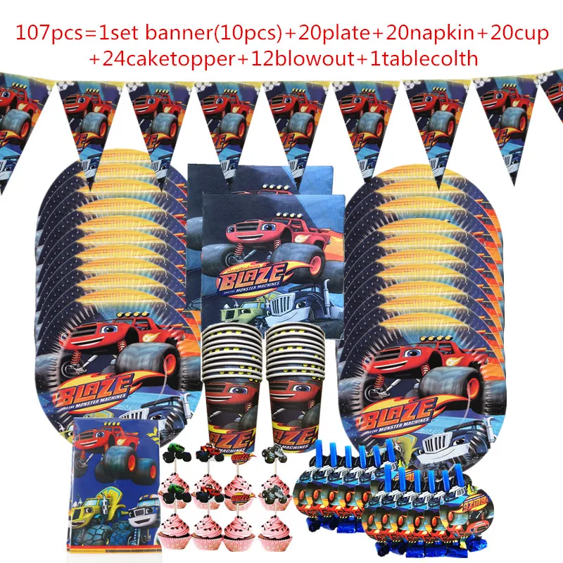 

Blaze And The Monster Machines Theme Party Supplies Children Birthday Blaze Paper Cups Plates napkins Flags Tablecloth Supplies