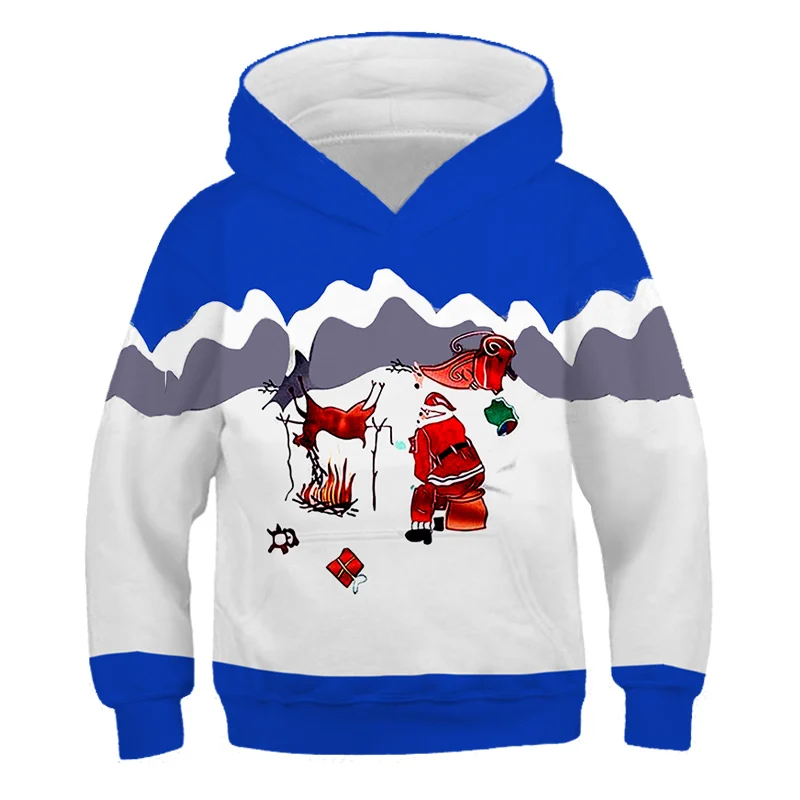 

Large Pocket Christmas Children's Hoodie Santa Elk Graphic Kids Long Sleeved Sweatshirt Casual Boys Girls Pullover Hoodie 3-14Y