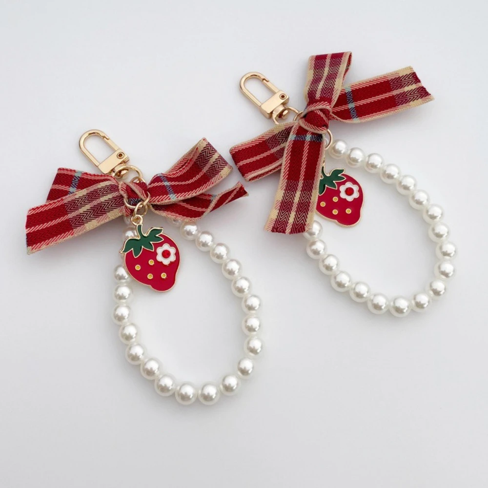 

Braided Plaid Keychains Bow Knot Strawberry Pearl Chain Key Ring Cherry Airpods Pendant Creative Bag Accessories Women Gift