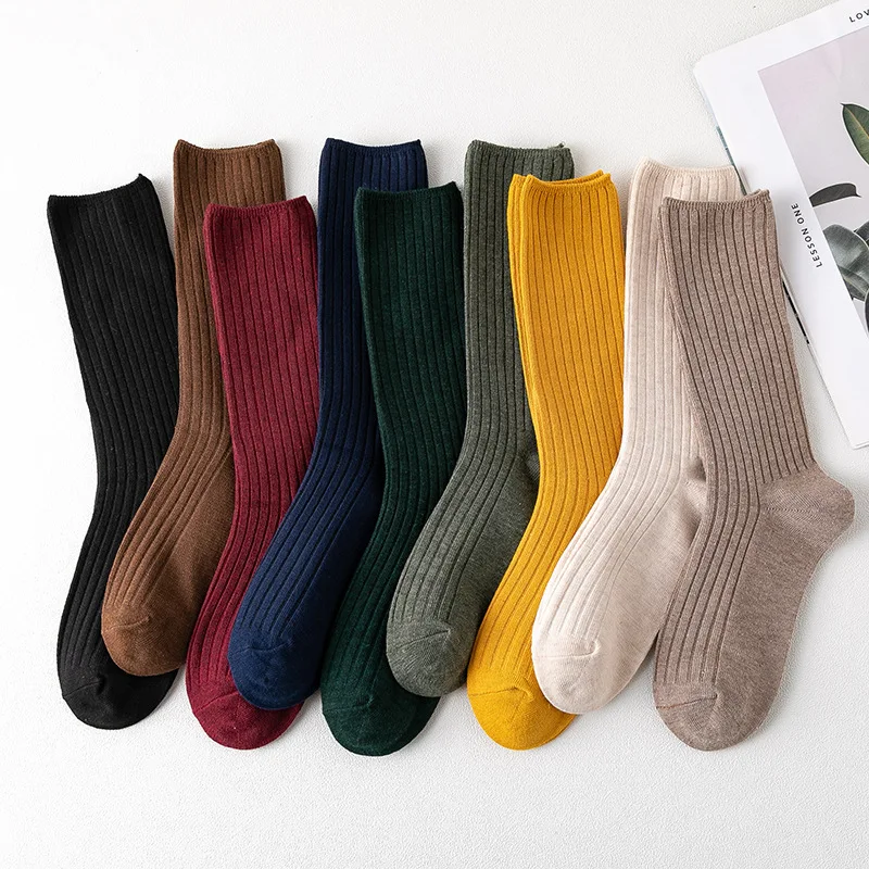 

1Pair Cotton Loose Women Socks Knitting Solid Color Black Pink Student Girls Stockings Elegant Retro Long Women Socks Breathable