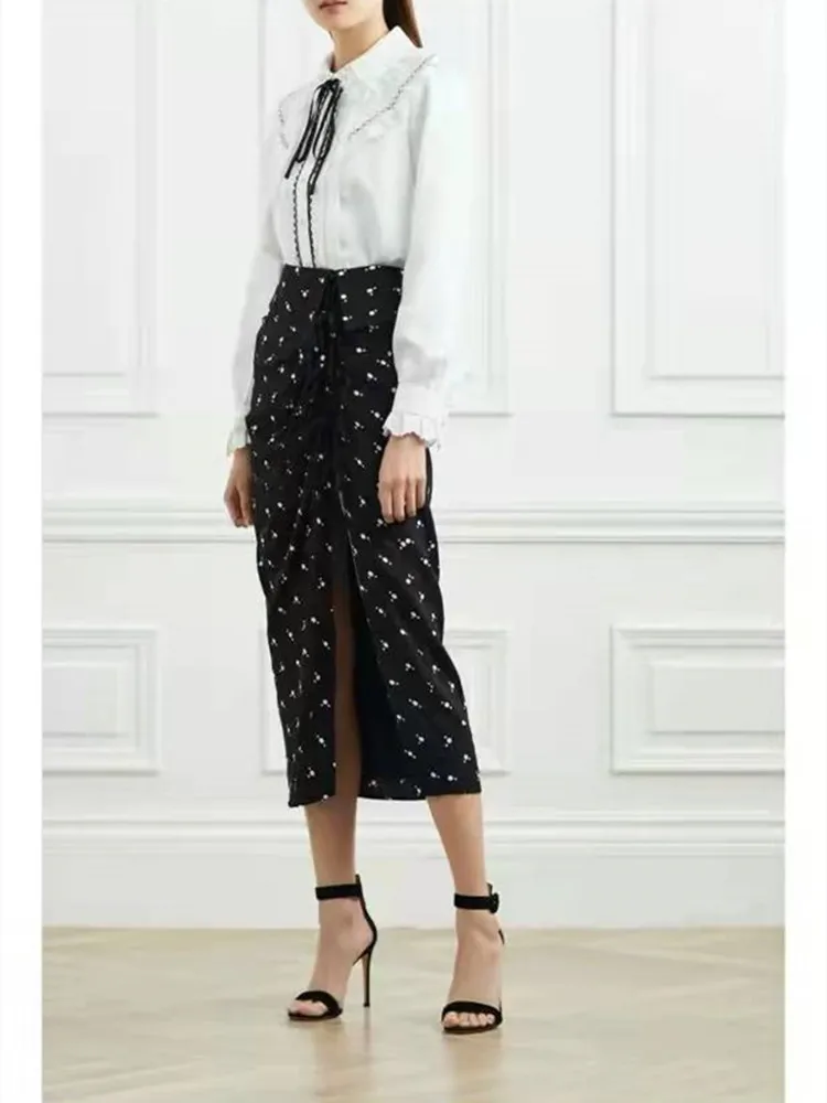

Women Split Midi Skirt 2022 Early Spring Dot Printing Irregular Slim Ladies Long Jupe
