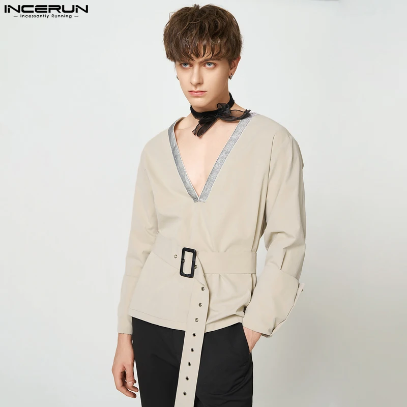 

Handsome Well Fitting Tops INCERUN Mens Silhouette Big V-Neck Panel Shirts Casual Fashion Solid Belt Design V-neck Blouse S-5XL