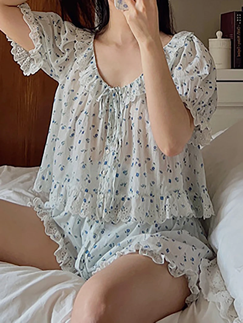 Women Summer Blue Rose Girl Sweet Ruffles Short Sleeve Home Sleepwear Lolita Pajamas Two Piece Sets Vintage Princess Loungewear