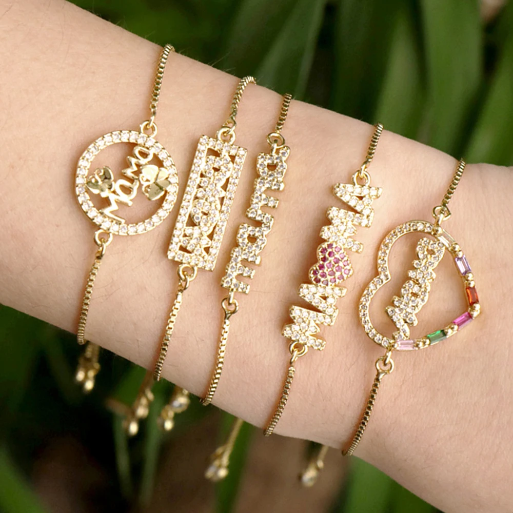 

Korean Fashion Gold Color "Mama" Charm CZ Heart Bracelets Pendant For Women Adjustable Box Chain Luxury Jewelry Mother's Gifts