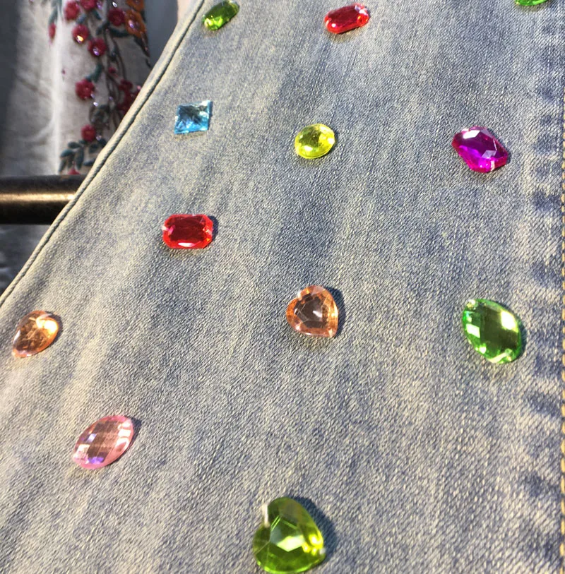 Europe 2023 New Spring Summer Women Denim Trousers Colored Stone Diamonds Stretch Flare Jeans High Waist Light Blue Long Pants