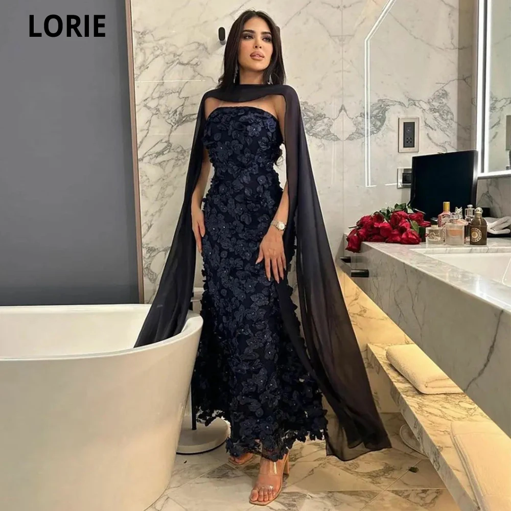 

LORIE Dubai Navy Blue Tulle Evening Dress 3D Flowers With Chiffon Cape Mermaid Sexy Arabic Long Prom Gown Celebrity Party Dress