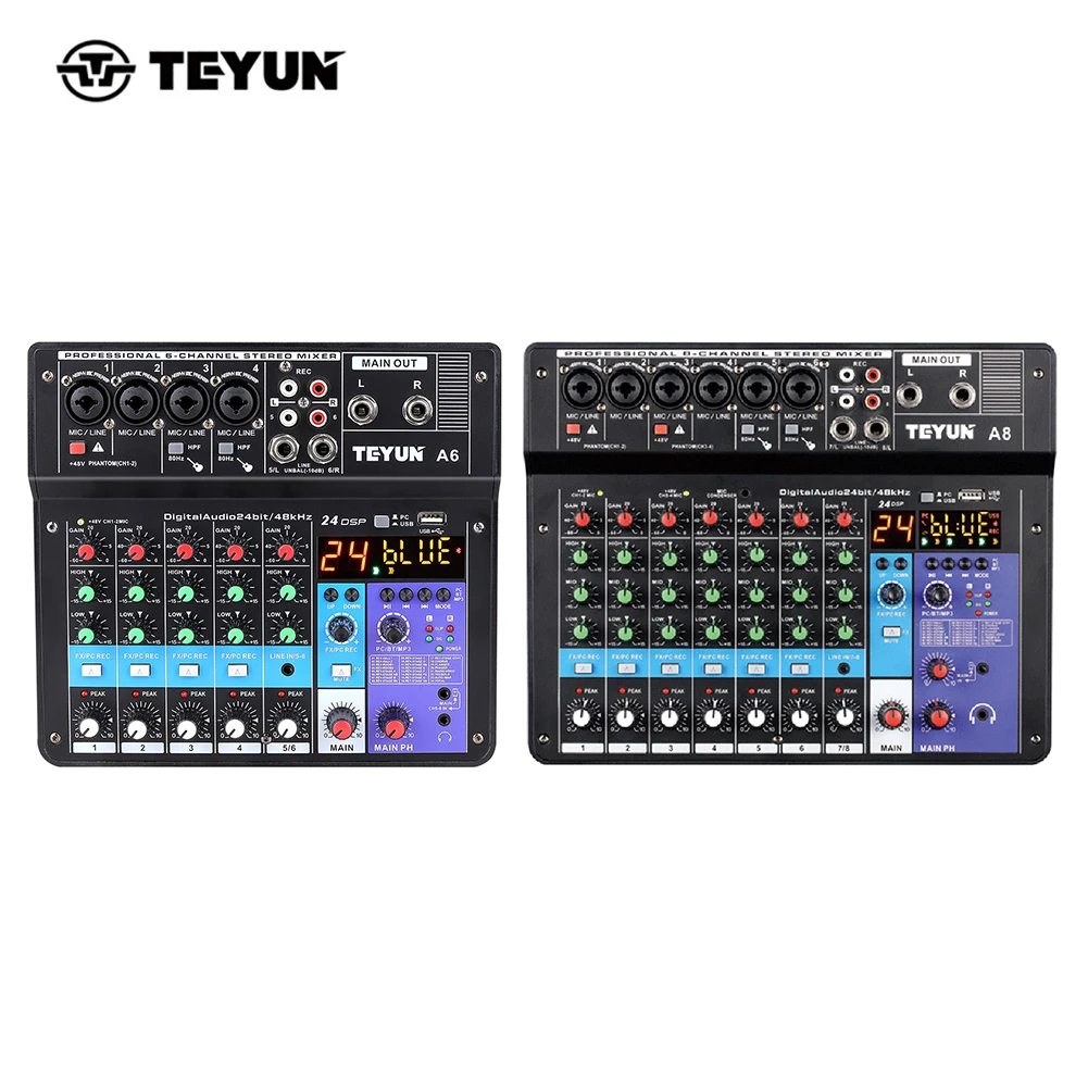 

8 6 Channel Professional Mixer Sound Mixing Console Bluetooth-compatible Soundcard USB Play Record DJ Audio Mixer 48V Broadcast