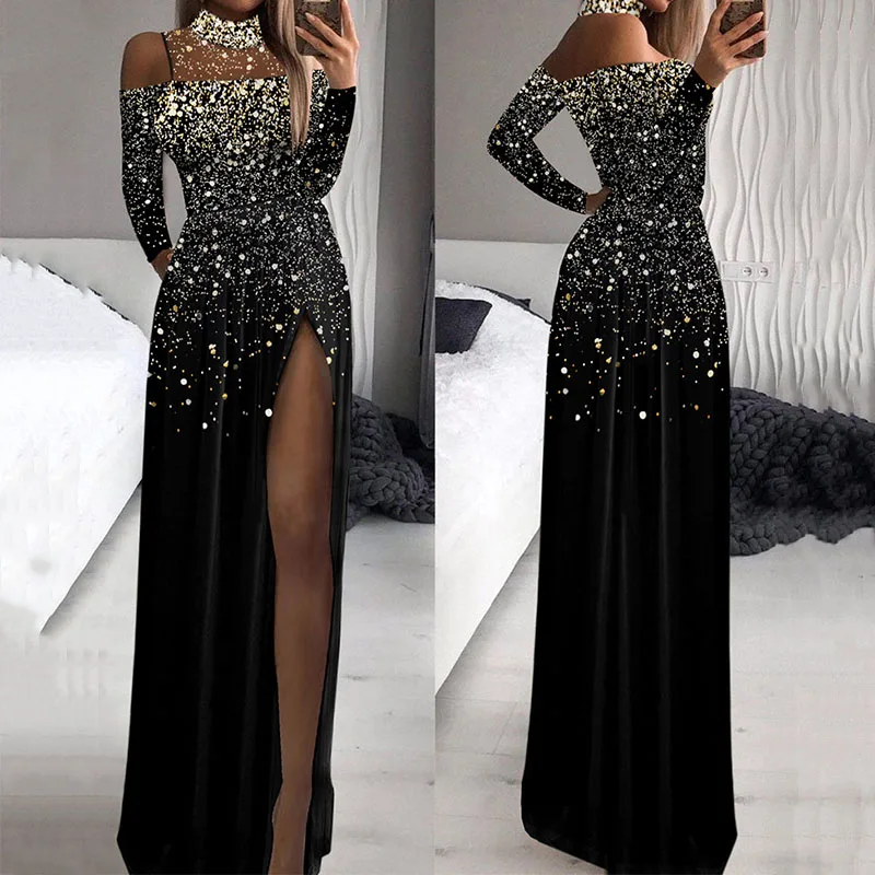 

Elegant Women Party Dress Fashion Print High Neck Long Sleeve High Split Long Dress Sexy Strapless See-Through Waist Slim Dress