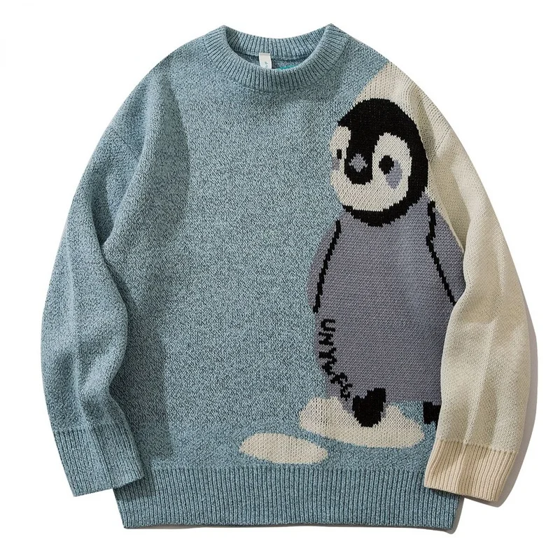 Mens Cartoon Penguin Knitted Sweater Streetwear Harajuku Vintage Jumpers Pullover Women Autumn Cotton College Sweaters Unisex