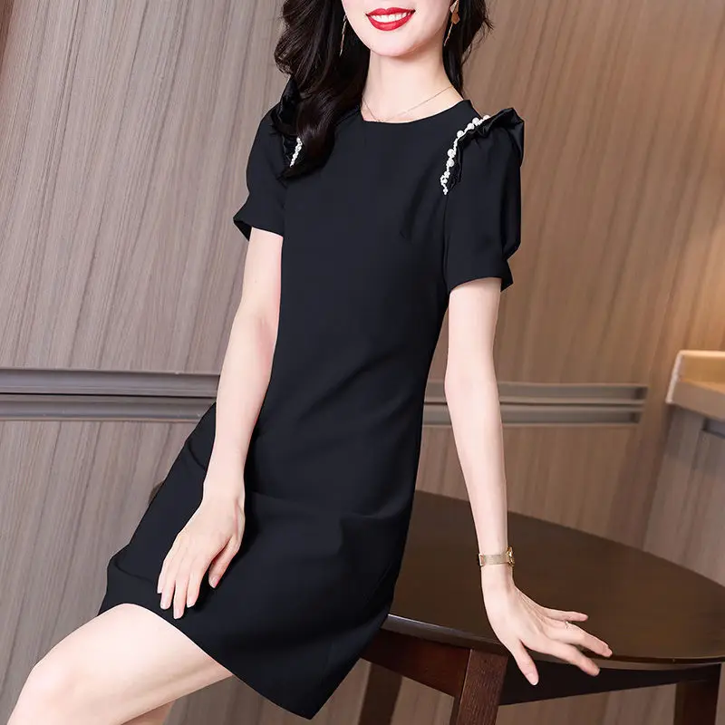 

Dress Female Summer 2022 New Small Korean Senior Light Luxury Short sleeve O Neck Black Skirt Design Pigs Dress Female Tops