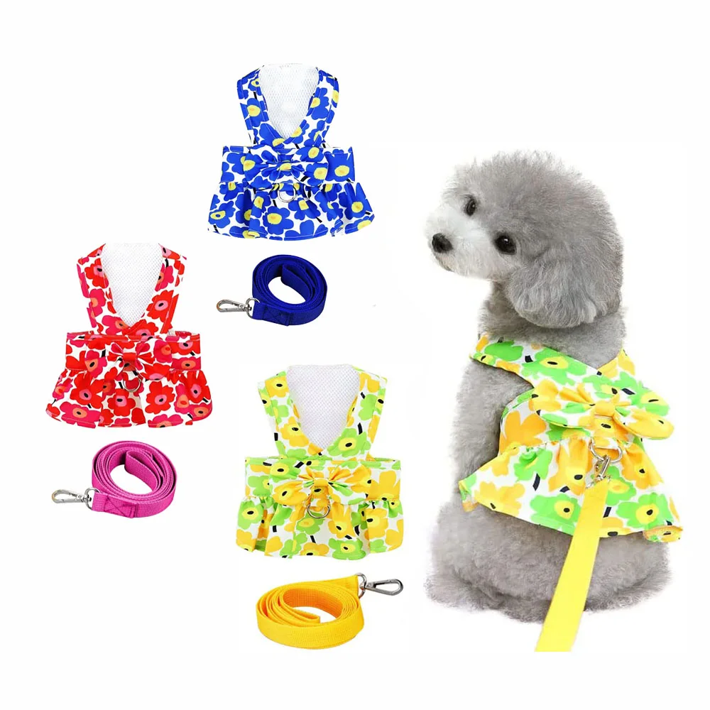 

Dog Vest Dresses For Small Dogs Cat Cute Floral Puppy Dress Leash Girl Bow Puppy Princess Dress Soft Adjustable Pet Dress