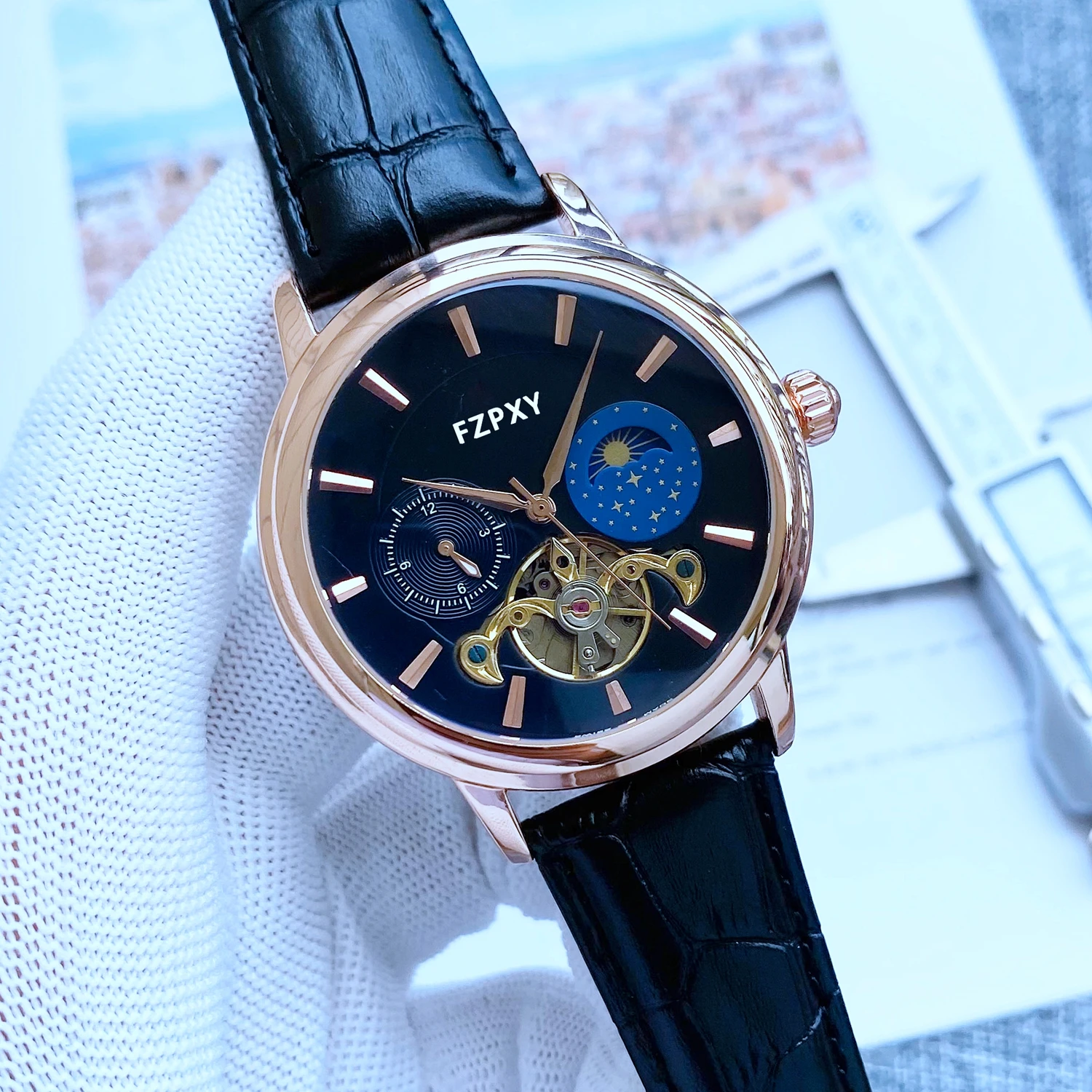 

Мужские автоматические часы PPH15 с циферблатом цвета розового золота, с отображением даты недели месяца, фазы Луны, многофункциональный кожа...