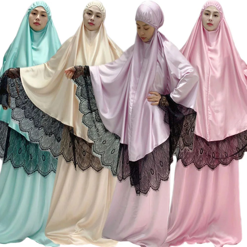 

Satin Lace Hijab Abaya Women Muslim Prayer Garment Clothes Overhead Jilbab Khimar Islamic Niqab Dress Set Full Cover Kaftan Robe