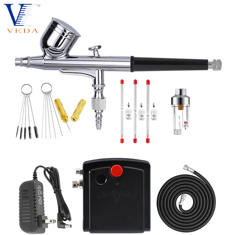 VEDA 0.3mm Airbrush Portable Mini Compressor Kit with Cleaning Tool Air Hose Filter For Wall Painting Tattoo Spray Paint Model
