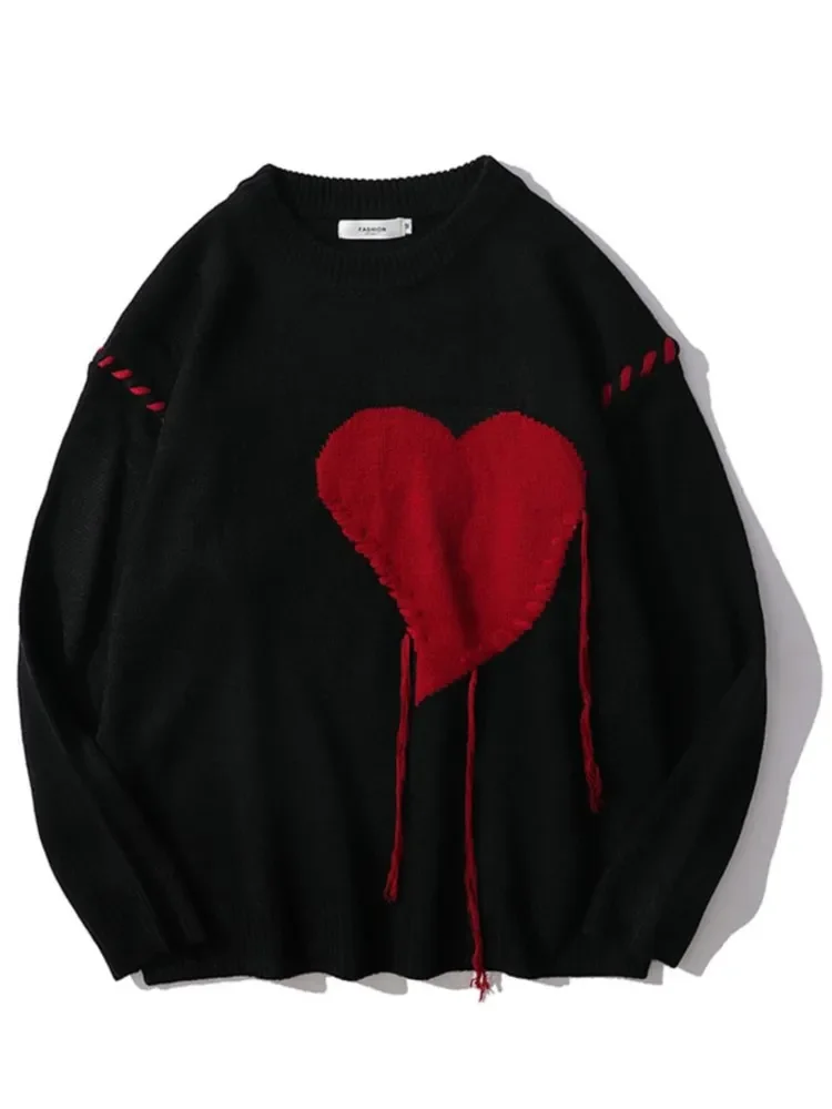 

NEW 2023 Love Pattern Knitted Ugly Sweater Male Letter Punk Rock Black Red Gothic Retro Grandpa Sweater Female Cute Pullover y2k