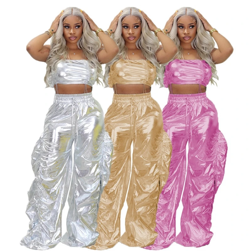 

Sexy Club Party Crop Top and Pants Two Peice Sets Women Streetwear Rave Festival Outfit Gold Sliver Metallic Birthday Outfits
