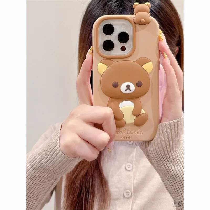 Фото Милый 3D-чехол для телефона Rilakkuma Bear с мини-медведем на верхней части для iPhone 17 16 15 14 13 12 Pro Max, мягкий силиконовый противоударный чехол №5