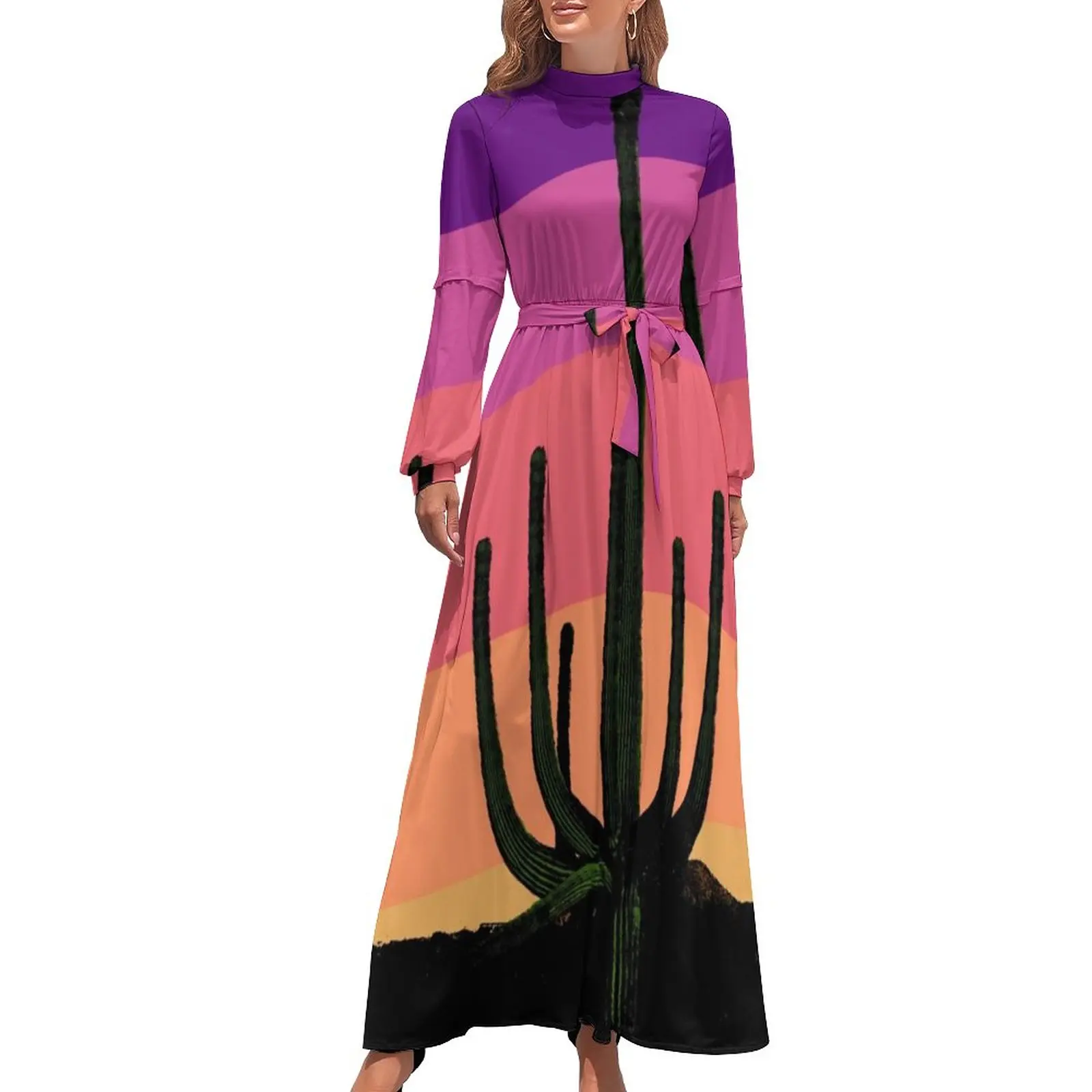 

Colorful Desert Dress Saguaro Cactus Sunset Modern Graphic Maxi Dress High Waist Long Sleeve Street Wear Boho Beach Long Dresses