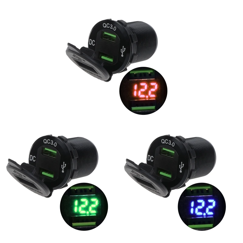 

Power Outlet Adapter for Truck Motorcycle Car Boat 12/24V 18W Dual for QC USB Outlet Power Socket with Voltmeter Dis JIAN