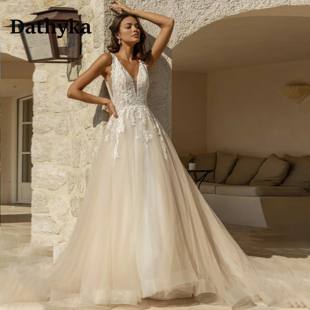 

Dathyka Attractive A-Line Wedding Dress for Women 2024 Bride Double V Neck Open Back Tulle Appliques Pleats Vestido De Novia