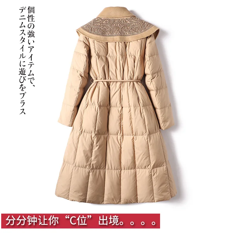 Long Duck Jacket Women 90%  White Duck Down Patchwork Wool Vintage Design Magnetic Clasp Slim Thin Casacos  Coats