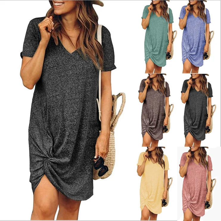 

50% Sale 9667# 2022 summer foreign trade cross border women's dress with flannel cuffs round neck short sleeve side knot