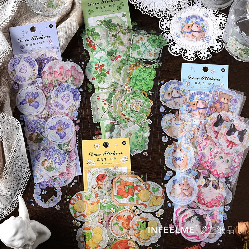 

6pcs Transparent Flower Green Plant Stickers Set Cute Scrapbooking Stickers PET Decorative Stickers for DIY Crafts Album Journal