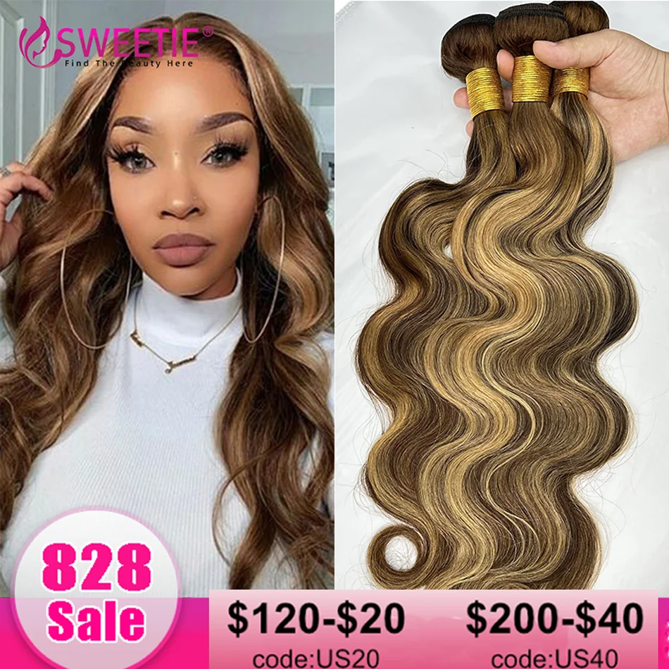 Highlight Body Wave Bundles Human Hair Bundles P4 27 Ombre Honey Blonde Bundle 12A Peruvian Remy Hair Weave Extensions For Woman