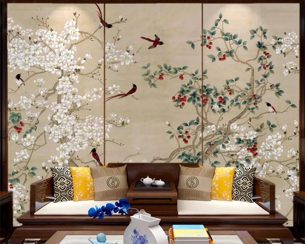 

Papel De Parede 3d Custom Wallpapers New Magnolia Flowers And Birds Hand Painted Hall Living Room TV Background Wall Photo Mural