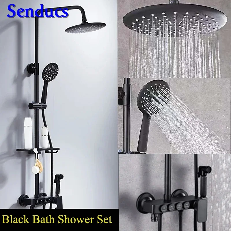 

Senducs Black Bronze Shower System European Round Bathroom Shower Mixer Tap Water Saving Black Bathroom Shower Set