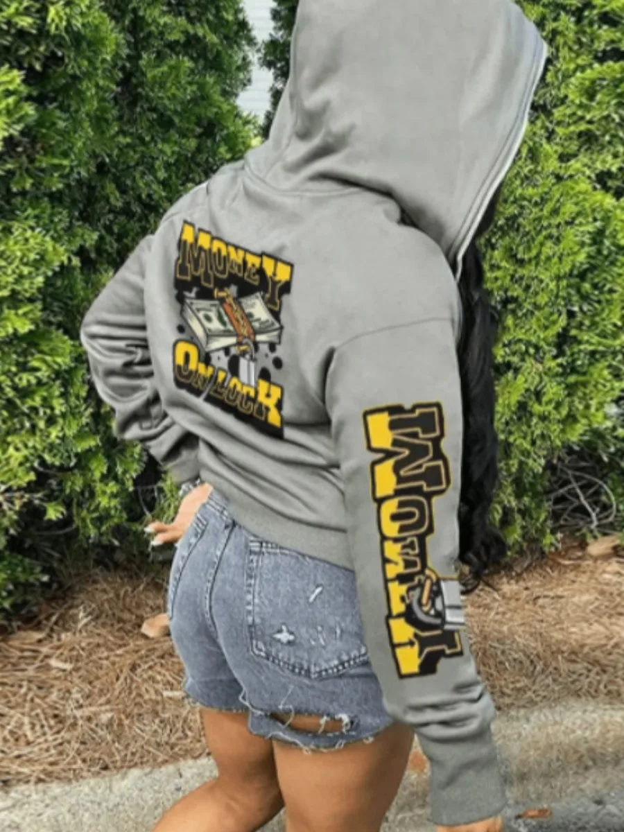

LW Autumn & Winter Women Casual Zip Up Hoodie Tops Retro Y2K Money Letter Print Long Sleeve Kangaroo Pocket Jacket Coat S-3XL