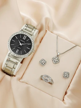 5PCS Set Luxury Watch Women Ring Necklace Earrings Rhinestone Fashion Wristwatch Female Casual Ladies Watches Bracelet Set Clock 1