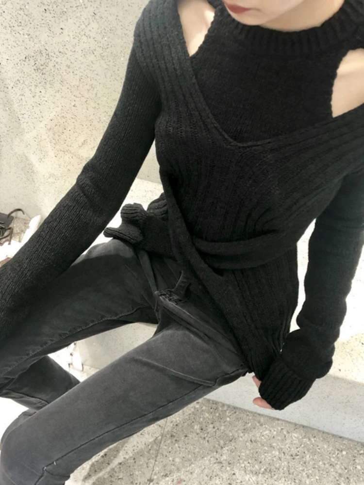 DEAT 2022 New Spring Solid Color Round Collar Hollow Out Pullover Sweater Women Vintage Slim Temperament Split Knit Tops PD714 | Женская