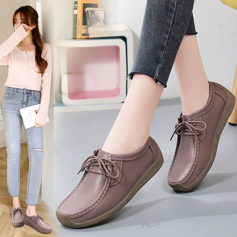 

2022 new Korean version of beanie shoes women's large size cowhide mother shoes soft bottom casual lace-up shoes women