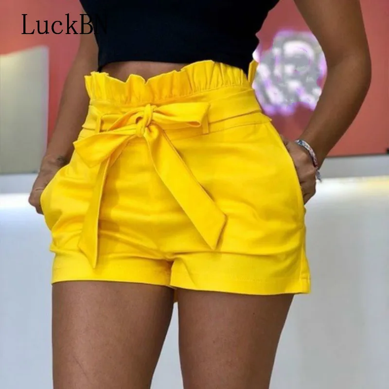 

Сексуальные шорты с оборками и высокой талией, женские сексуальные уличные шорты, пляжные шорты с бантом и карманами, широкие брюки, однотон...