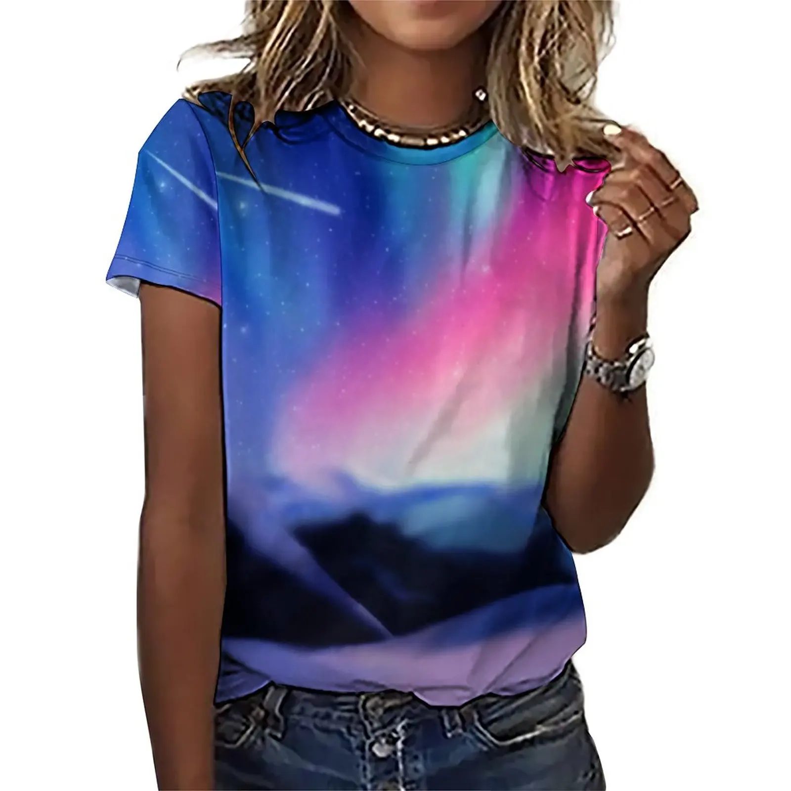 

Mountain Print T Shirts The Aurora Borealis Simple Oversized T Shirt Short Sleeves Ladies Vintage Tee Shirt Sexy Graphic Tees